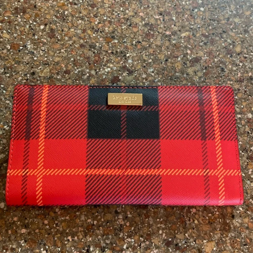 kate spade Red Black Plaid Continental Zip Wallet